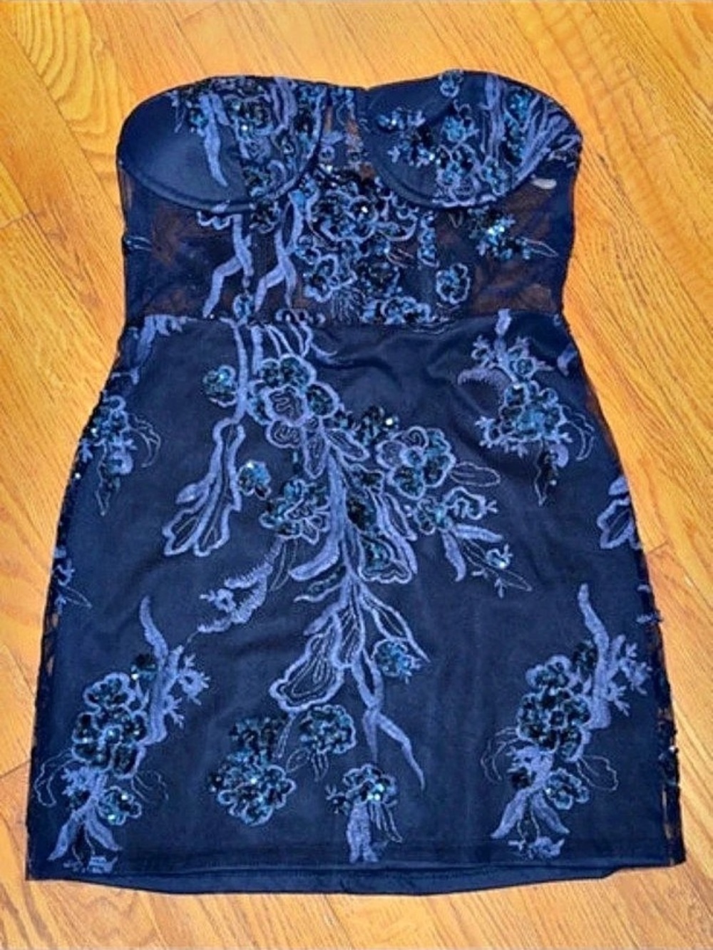 Lulus Unreal Date Navy Blue Sequin Embroidered Strapless Mini Dress